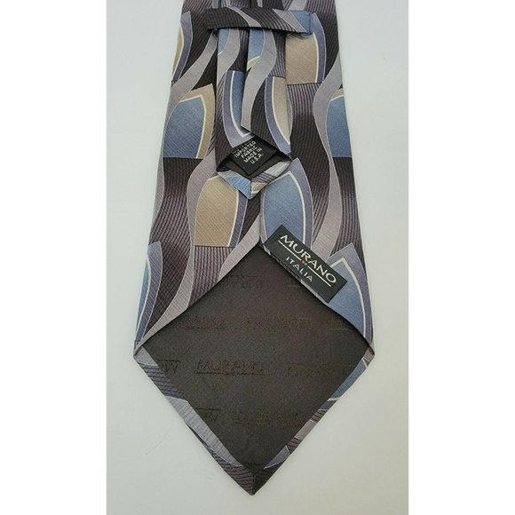 Murano Italia 100% Silk Mens Tie Necktie Blue Grey Gray Waves Shapes EUC - Picture 4 of 5